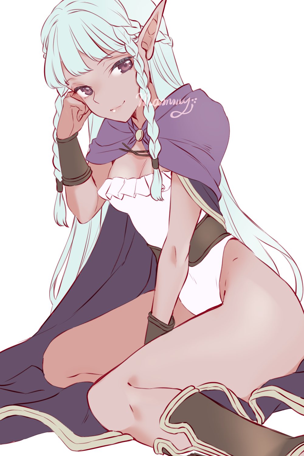 1girl, blue_hair, braid, breasts, cleavage, cloak, closed_mouth, dark-skinned_female, dark_elf, dark_skin, elf, french_braid, hand_up, highleg, highleg_leotard, highres, imomarimomami, leotard, light_blue_hair, long_hair, medium_breasts, pink_eyes, pointy_ears, purple_cloak, rosalinde_(unicorn_overlord), side_braids, simple_background, smile, solo, strapless, strapless_leotard, unicorn_overlord, very_long_hair, white_background, white_leotard