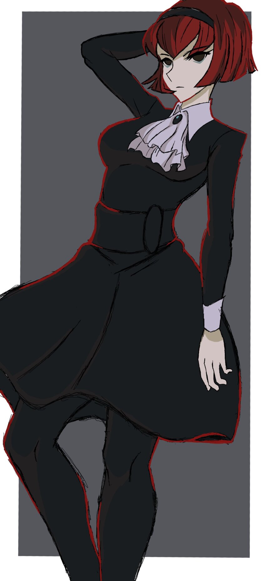 1girl, absurdres, android, black_dress, black_pantyhose, blackchaos64, breasts, brown_hair, dress, female_focus, hairband, highres, pantyhose, r_dorothy_wayneright, robot, solo, the_big_o