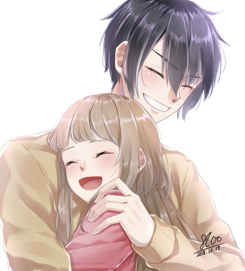 1boy, 1girl, black_hair, blonde_hair, closed_eyes, couple, happy, highres