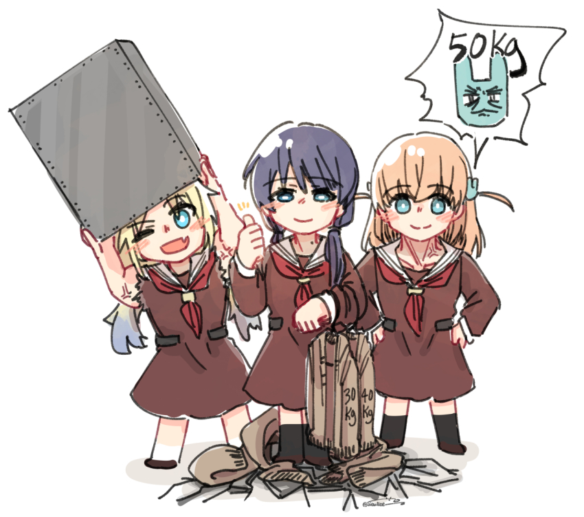 3girls, ;d, april_fools, arms_up, biceps, blonde_hair, blue_eyes, blue_hair