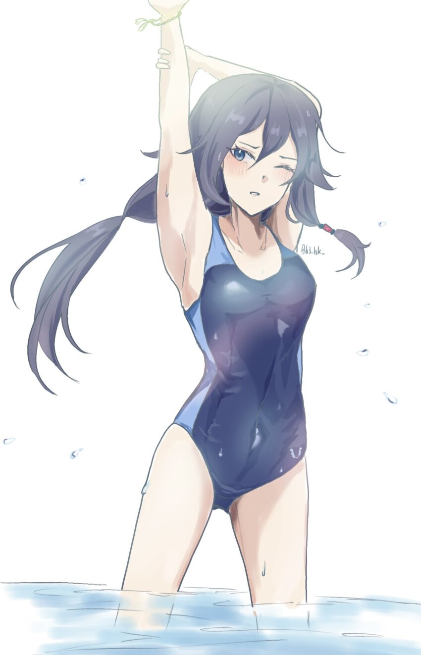 1girl, armpits, arms_up, artist_name, blue_eyes, blue_one-piece_swimsuit, bracelet, breasts, competition_swimsuit, cowboy_hat, fu_hua, h3_hk, hat, highres, honkai_(series), honkai_impact_3rd, jewelry, long_hair, looking_at_viewer, one-piece_swimsuit, one_eye_closed, parted_lips, simple_background, small_breasts, solo, stretching, swimsuit, very_long_hair, water, wet, white_background