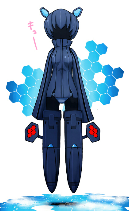 1girl, arms_at_sides, baragon, black_skin, blue_theme, bob_cut, boots, cloud, colored_skin, faceless, female_focus, floating, full_body, hair_ornament, headgear, hexagon, hidden_face, long_sleeves, neuroi, neuroi_girl, no_pants, panties, shadow, short_hair, sleeves_past_wrists, solo, strike_witches, striker_unit, turtleneck, underwear, world_witches_series