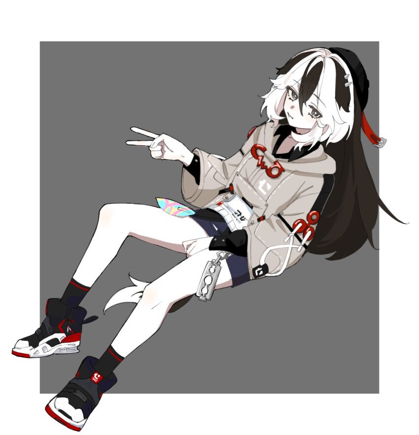 1girl, beret, black_hair, black_hat, black_shoes, black_shorts, black_socks, brown_hoodie