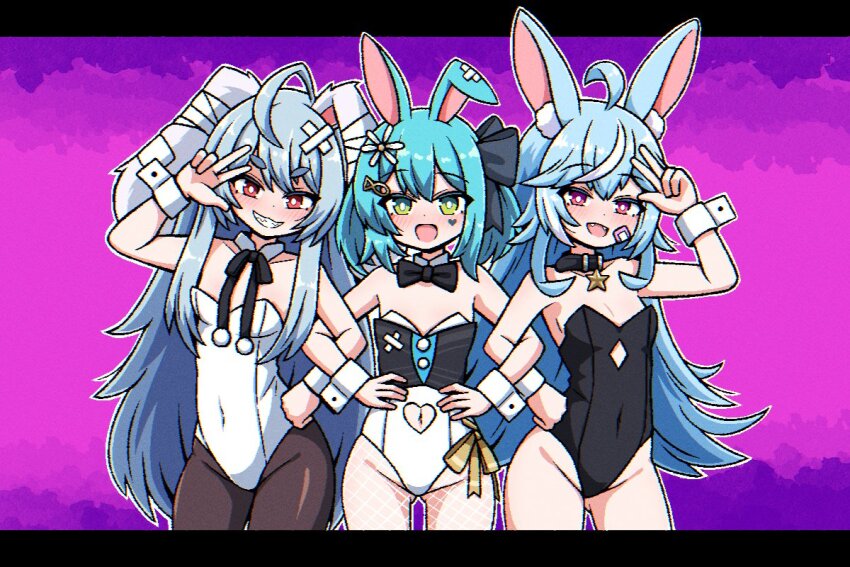 3girls, :3, :d, @_@, adapted_costume, ahoge, animal_ears, bandaid, bandaid_on_face, black_leotard, blue_hair, blush, bow, bustier, choker, clothing_cutout, collar, covered_navel, detached_collar, double-parted_bangs, fangs, fish_hairpin, fishnet_pantyhose, fishnets, flower, gradient_background, green_ribbon, groin, hair_between_eyes, hair_bow, hair_flower, hair_ornament, hairpin, hand_on_own_hip, hikimayu, indie_virtual_youtuber, ink_(inksgirls), krumroll, leotard, letterboxed, light_blue_hair, locked_arms, long_hair, lop_rabbit_ears, multicolored_hair, multiple_girls, nanobites, navel_cutout, open_mouth, pantyhose, para_(vtuber), pink_eyes, playboy_bunny, pom_pom_(clothes), purple_bow, rabbit_ears, red_eyes, ribbon, sharp_teeth, short_hair, sidelocks, smile, star_(symbol), star_choker, streaked_hair, teeth, very_long_hair, virtual_youtuber, w, w_over_eye, white_leotard, wrist_cuffs, yellow_eyes