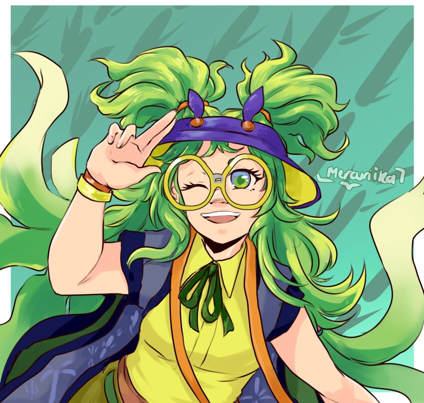 1girl, artist_name, blonde_hair, bracelet, breasts, commentary, dislyte, fumitsuki_(kaguya-hime)_(dislyte), glasses, gradient_hair, green_eyes, green_hair, hat, highres, jewelry, long_hair, medium_breasts, mercuriika, multicolored_hair, one_eye_closed, open_mouth, purple_hat, round_eyewear, signature, smile, solo, two_side_up, upper_body, very_long_hair, vest