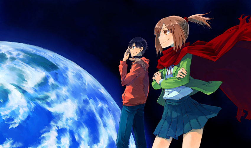 1boy, 1girl, amamiya_yuuhi, asahina_samidare, cape, earth_(planet), glasses, highres