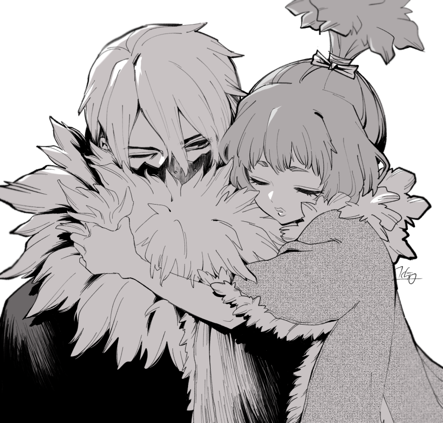 1boy, 1girl, bow, cloak, closed_eyes, clothes_grab, dr._stone, fur-trimmed_cloak