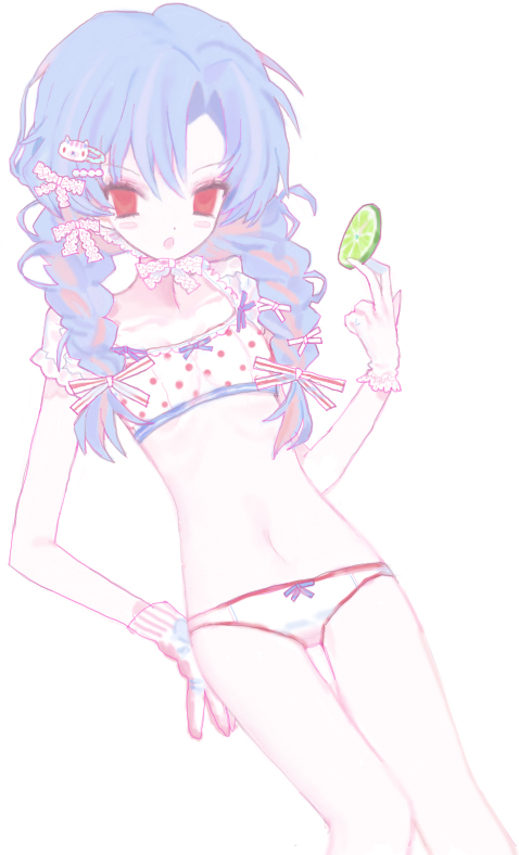 1girl, asymmetrical_gloves, bare_legs, beads, between_fingers, bikini, blue_bow, blue_hair