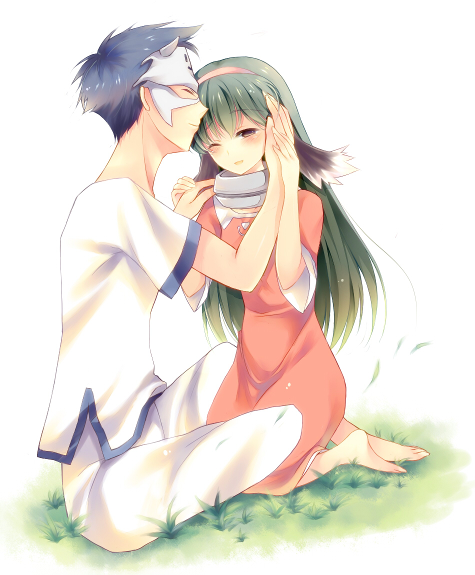 1boy, 1girl, animal_ears, bad_feet, barefoot, blush, choker, couple