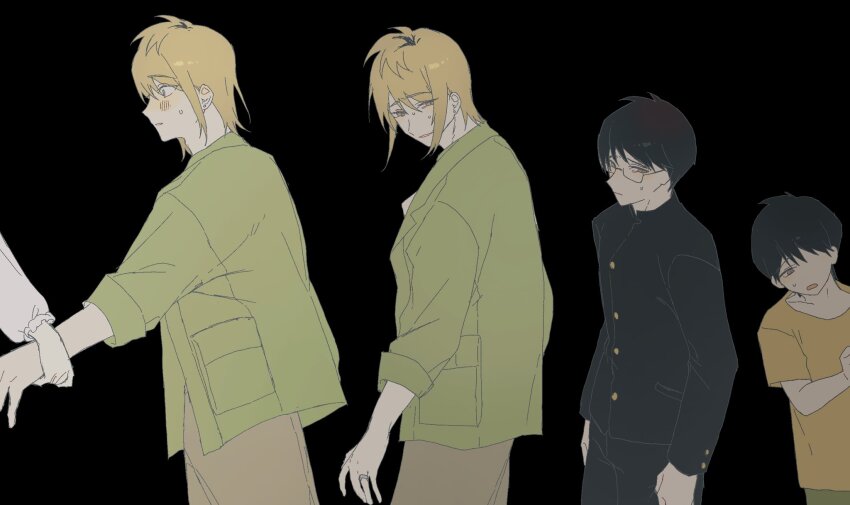 1boy, 1girl, age_progression, averting_eyes, black_background, black_hair, black_pants, blonde_hair