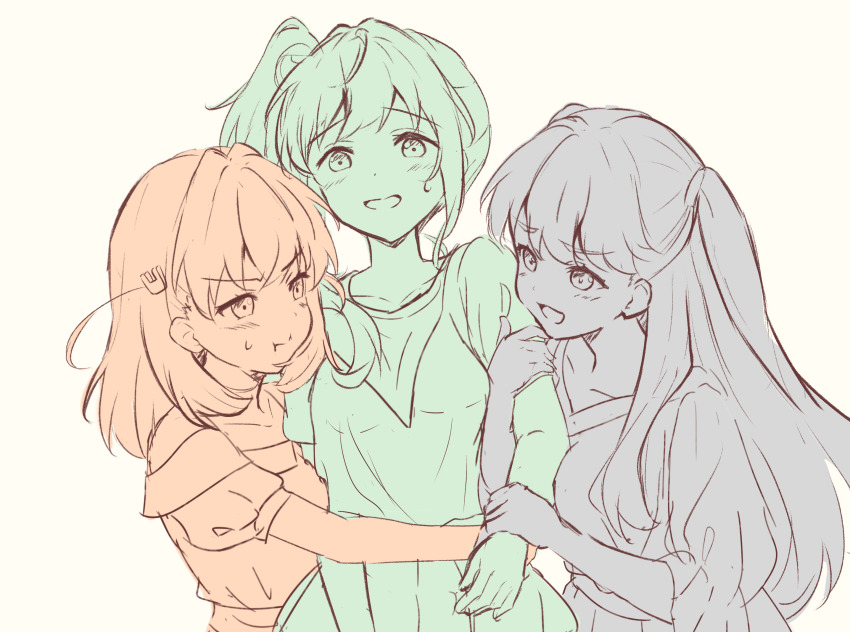 3girls, arms_around_another's_waist, blush, breast_press, closed_mouth, collarbone, crossed_bangs, dress