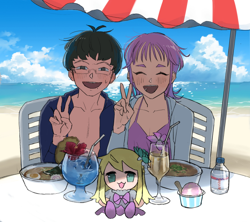 1boy, 1girl, antenna_hair, beach, beach_umbrella, bent_v, bikini, black_eyes, black_hair, blue_shirt, blue_sky, blush, bottle, chair, closed_eyes, cloud, collarbone, cup, disposable_cup, disposable_ice_cream_cup, egg_(food), facing_viewer, food, glasses, hand_up, hood, hood_down, hoodie, horizon, inkya_lovecome, kagami_tooru, kamaboko, long_hair, looking_at_viewer, memo1115925, mole, mole_under_mouth, monobloc_(chair), narutomaki, noodles, ocean, on_chair, oohashi_taiga, open_clothes, open_hoodie, open_mouth, open_shirt, outdoors, purple_bikini, purple_hair, ramen, sand, shade, shirt, short_hair, side-by-side, sitting, sky, small_sweatdrop, smile, stuffed_toy, swimsuit, table, thick_eyebrows, tropical_drink, umbrella, v, water_bottle, white_hoodie, wispy_bangs
