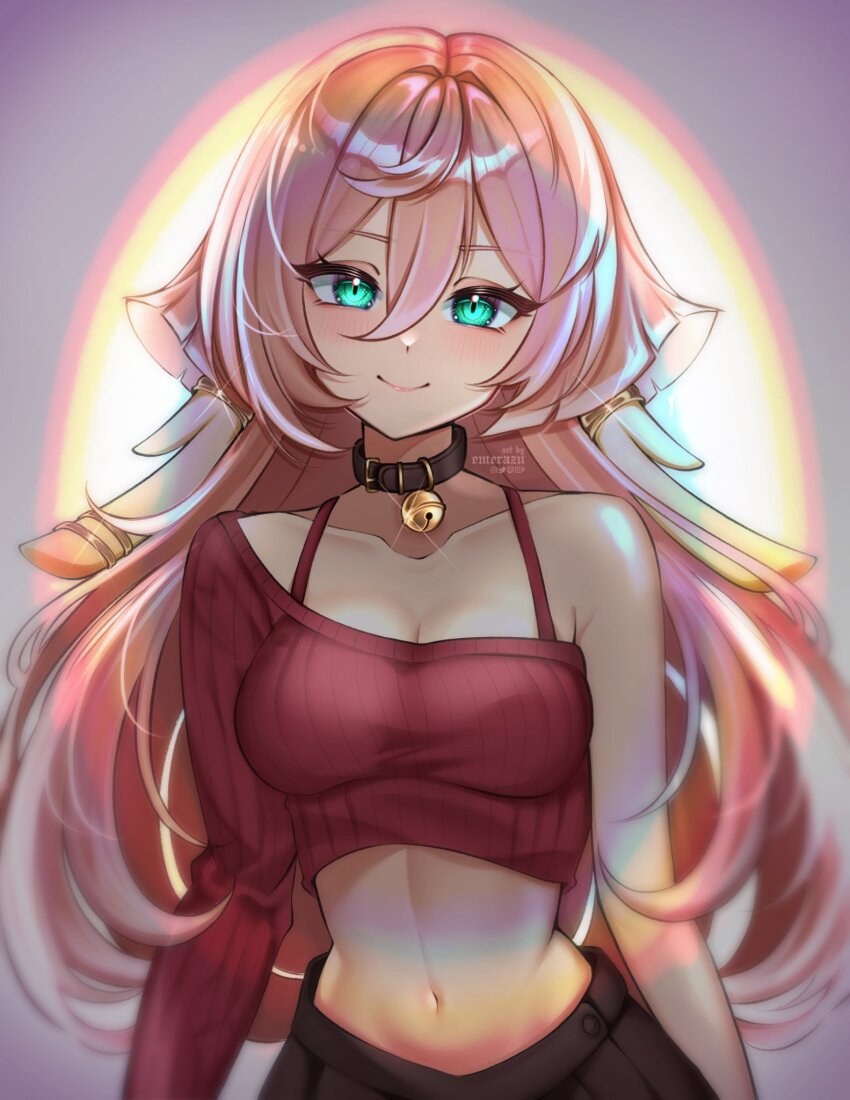 1girl, black_skirt, breasts, cleavage, contemporary, cropped_sweater, emerazu_(artist), genshin_impact, green_eyes, hair_between_eyes, head_tilt, highres, long_hair, looking_at_viewer, medium_breasts, midriff, navel, pink_hair, red_sweater, single_sleeve, skirt, smile, solo, sweater, upper_body, yanfei_(genshin_impact)