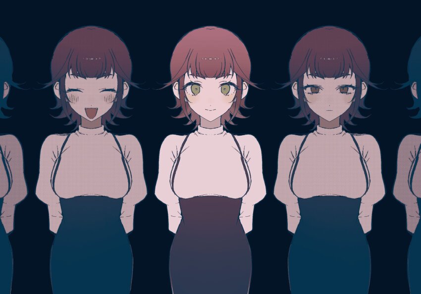 1girl, alternate_eye_color, arms_behind_back, black_background, black_pants, blush, breasts, brown_eyes