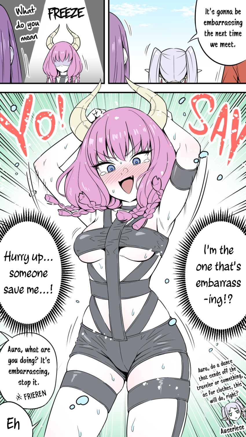 1boy, 3girls, alternate_costume, arm_strap, armpits, arms_up, aura_(sousou_no_frieren), aura_bullying_(meme), black_shorts, blue_eyes, blue_sky, blush, bondage_outfit, braid, breasts, cloud, cloudy_sky, comic, cowboy_shot, day, demon_girl, demon_horns, elf, embarrassed, emphasis_lines, fang, fern_(sousou_no_frieren), frieren, hard-translated, highres, horns, hot_limit, inset, kyouka_asuka, looking_down, medium_breasts, medium_hair, meme, multiple_braids, multiple_girls, open_mouth, outdoors, pink_hair, pointy_ears, revealing_clothes, ringed_eyes, shaded_face, shorts, skindentation, sky, solo_focus, sound_effects, sousou_no_frieren, speech_bubble, spotlight, standing, stark_(sousou_no_frieren), t.m.revolution, tearing_up, tears, thigh_strap, thighs, third-party_edit, thought_bubble, translated, underboob, v-shaped_eyebrows