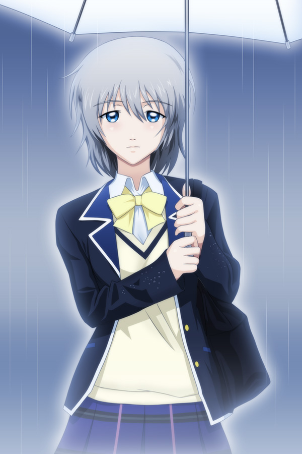 1girl, bag, blazer, blue_eyes, female_focus, grey_hair, jacket, kyouno_rhythmy