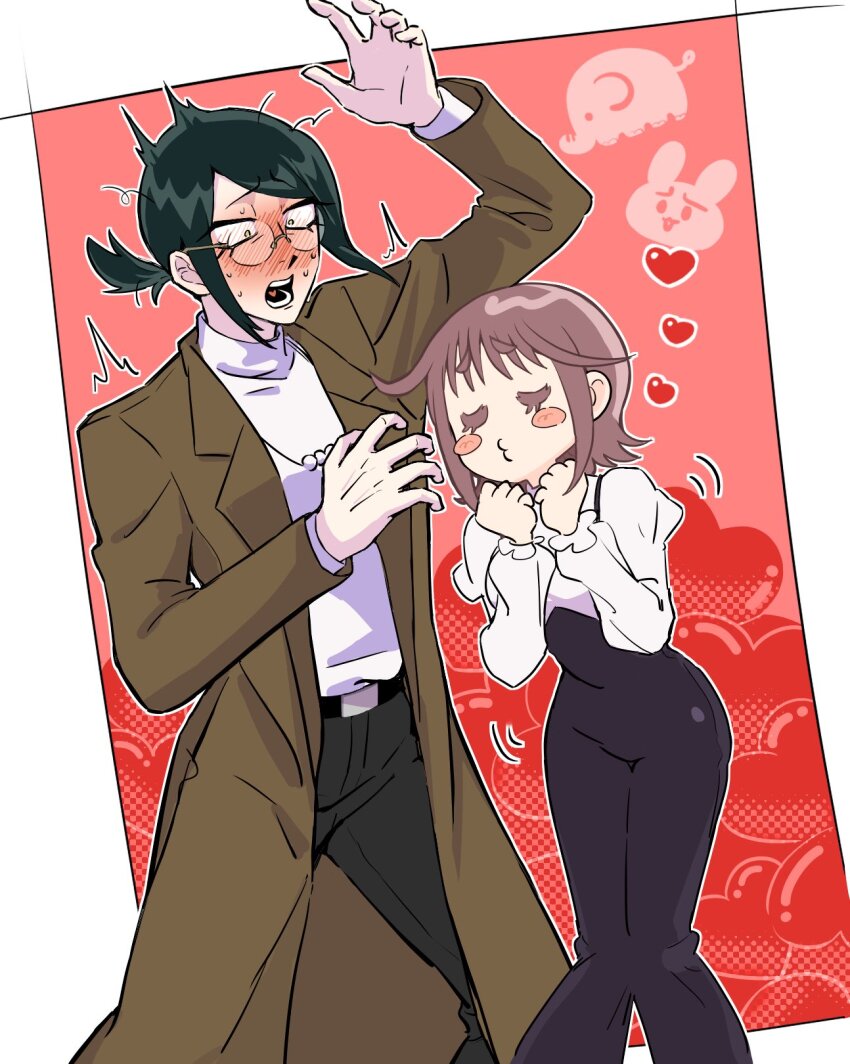 1boy, 1girl, ^^^, affectionate, arm_up, belt, black_belt, black_pants