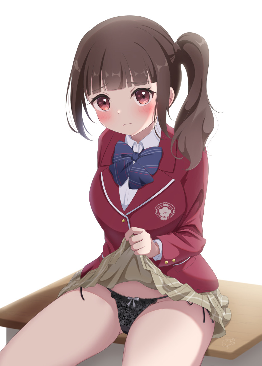 1girl, absurdres, arm_behind_back, black_panties, blazer, blue_bow, blue_bowtie, blunt_bangs, blush, bow, bow_panties, bowtie, breasts, brown_hair, brown_skirt, clothes_lift, commission, dress_shirt, embarrassed, gluteal_fold, highres, jacket, kurusu_toa, lace, lace_panties, lifting_own_clothes, logo, long_sleeves, looking_at_viewer, love_live!, love_live!_school_idol_musical, medium_breasts, miniskirt, on_table, panties, pixiv_commission, red_eyes, red_jacket, ritaso, school_uniform, shirt, side-tie_panties, side_ponytail, sidelocks, simple_background, sitting, skirt, skirt_lift, solo, table, takizakura_girls'_academy_school_uniform, thighs, underwear, white_background, white_shirt