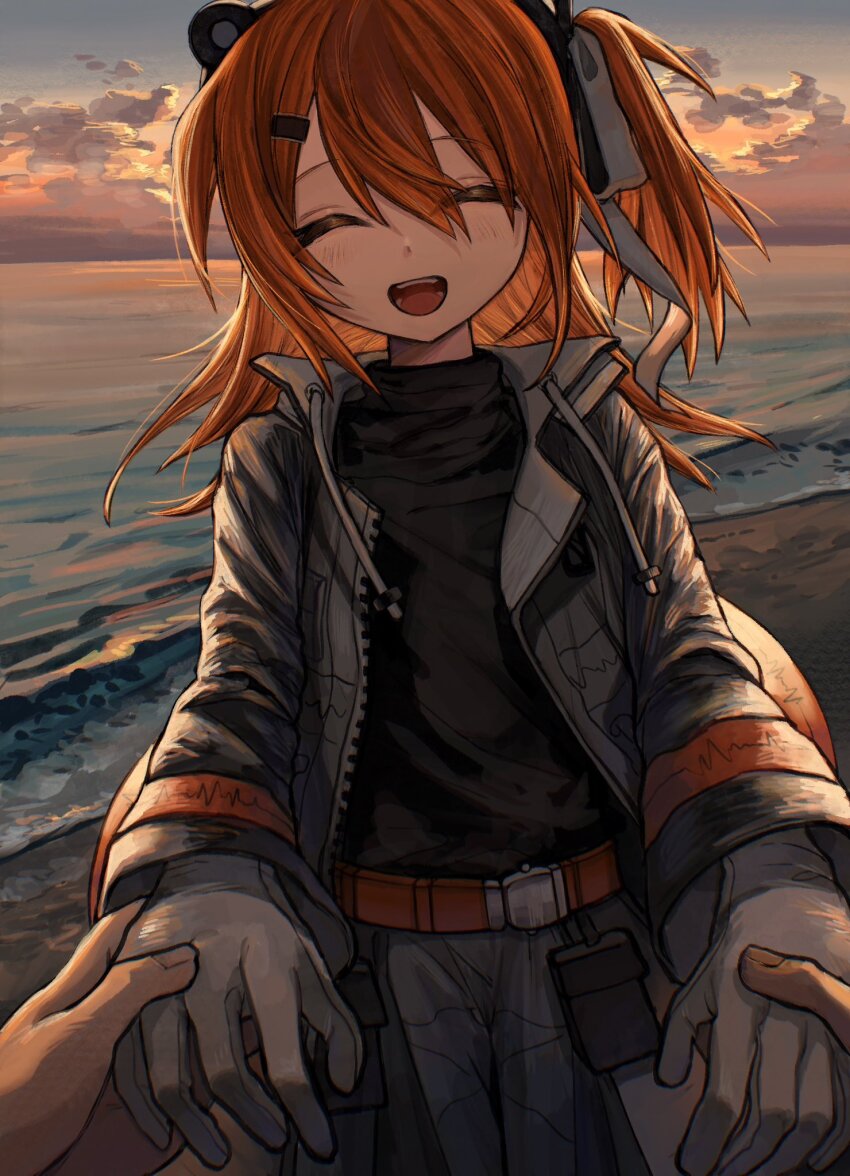 1girl, adachi_rei, adachi_rei_(avogado6), backlighting, beach, belt, belt_pouch, black_shirt, blush, closed_eyes, cloud, cloudy_sky, commentary_request, cowboy_shot, facing_viewer, gloves, grey_gloves, grey_jacket, grey_ribbon, grey_skirt, hair_between_eyes, hair_ornament, hair_ribbon, hairclip, head_tilt, highres, hisato_00, holding_hands, horizon, jacket, long_hair, long_sleeves, ocean, one_side_up, open_clothes, open_jacket, orange_belt, orange_hair, outdoors, pouch, pov, pov_hands, ribbon, shirt, skirt, sky, smile, solo, sunset, utau, waves