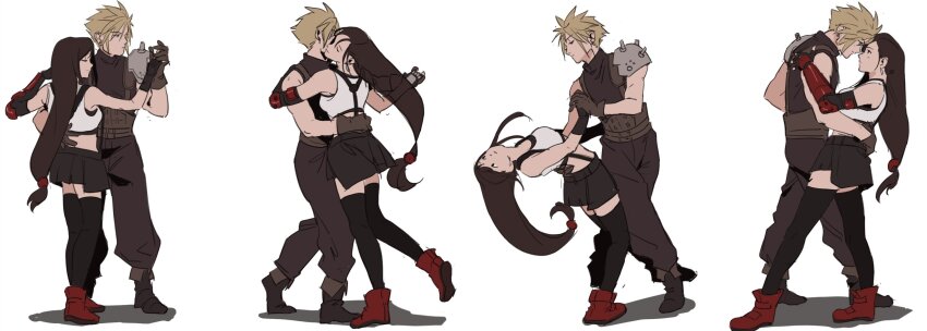1boy, 1girl, arm_around_another's_waist, black_hair, blonde_hair, cloud_strife, dancing, final_fantasy, final_fantasy_vii, final_fantasy_vii_remake, highres, long_hair, low-tied_long_hair, sequential, simple_background, skirt, sleeveless, sleeveless_turtleneck, sona_(mmediocreman), spiked_hair, suspenders, thighhighs, tifa_lockhart, turtleneck