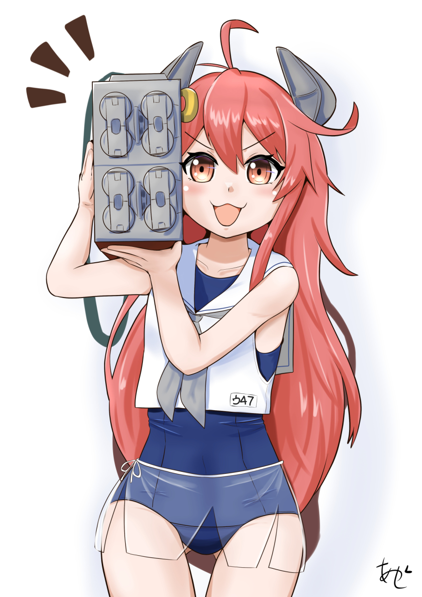 1girl, ahoge, akashieru, blue_one-piece_swimsuit, commando_(movie), cosplay, crescent, crescent_hair_ornament, grey_neckerchief, hair_ornament, headgear, highres, i-47_(kancolle), i-47_(kancolle)_(cosplay), kantai_collection, long_hair, looking_at_viewer, low-tied_long_hair, neckerchief, one-piece_swimsuit, orange_eyes, orange_hair, sailor_collar, school_swimsuit, see-through_clothes, see-through_skirt, skirt, solo, swimsuit, swimsuit_under_clothes, uzuki_(kancolle), very_long_hair, white_sailor_collar