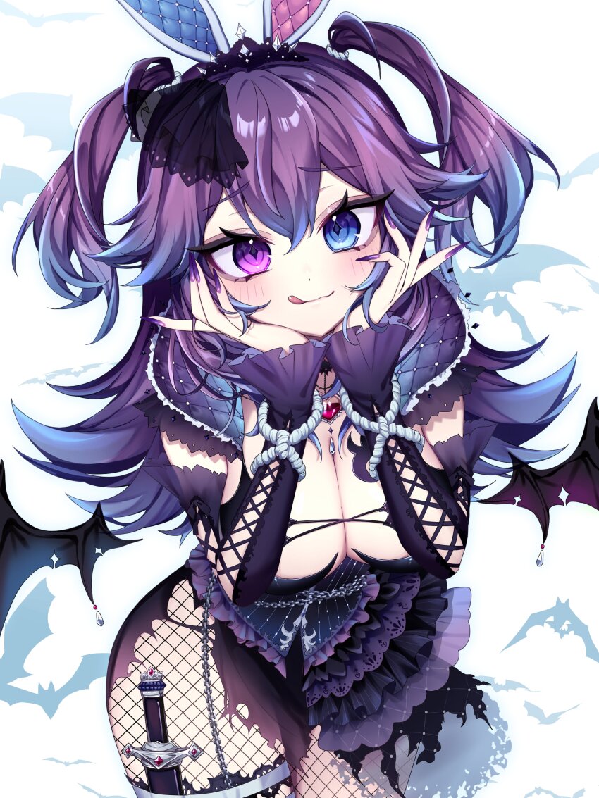 1girl, :q, absurdres, animal_ears, bat_(animal), bat_wings, black_leotard, black_skirt, black_sleeves, blue_eyes, blue_hair, breasts, cleavage, colored_tips, cottontail_(vtuber), cross-laced_clothes, cross-laced_sleeves, detached_sleeves, detached_wings, fake_animal_ears, fishnet_pantyhose, fishnets, frilled_leotard, frills, hair_ornament, hands_on_own_cheeks, hands_on_own_face, heterochromia, highres, ichiko_1234, indie_virtual_youtuber, knife, large_breasts, leotard, long_hair, multicolored_hair, nail_polish, pantyhose, purple_eyes, purple_hair, purple_nails, rabbit_ears, sheath, sheathed, skirt, solo, thigh_sheath, tongue, tongue_out, torn_clothes, torn_skirt, two_side_up, virtual_youtuber, wings