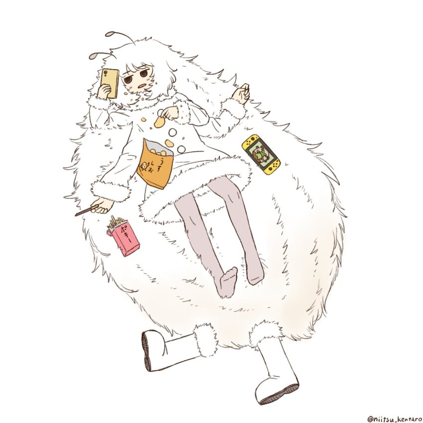 1girl, antennae, arthropod_girl, artist_name, bag_of_chips, barefoot, boots, cellphone