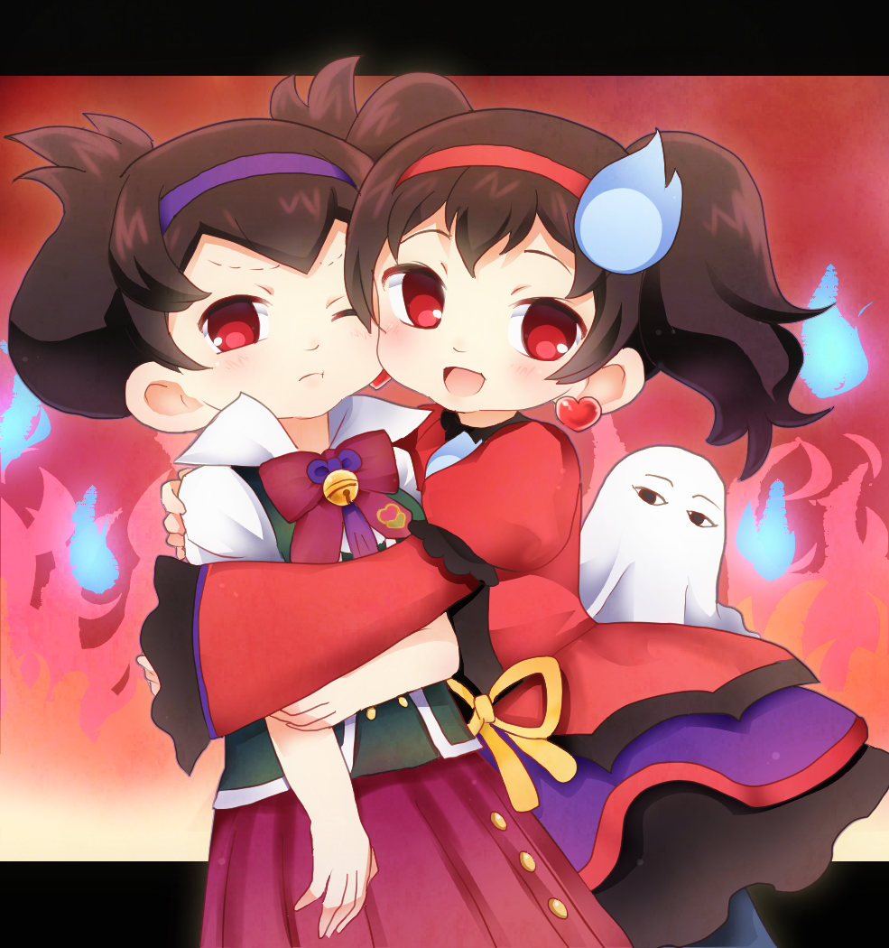 2girls, avocado_academy_school_uniform, bell, blue_fire, blush, brown_hair, cheek-to-cheek, closed_mouth