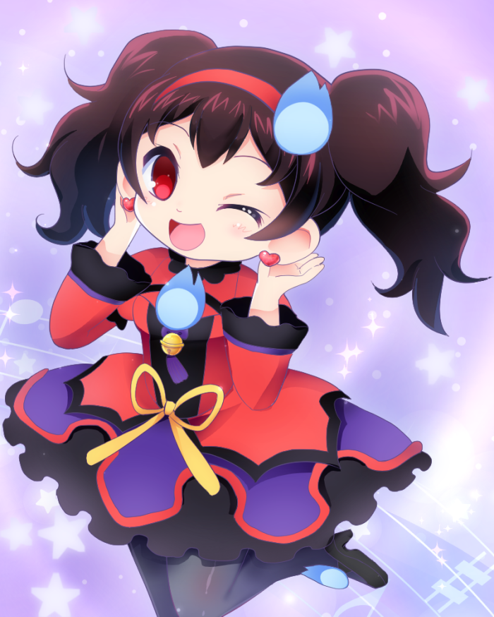 1girl, ;d, black_shoes, blue_background, blue_fire, brown_hair, commentary_request, dress