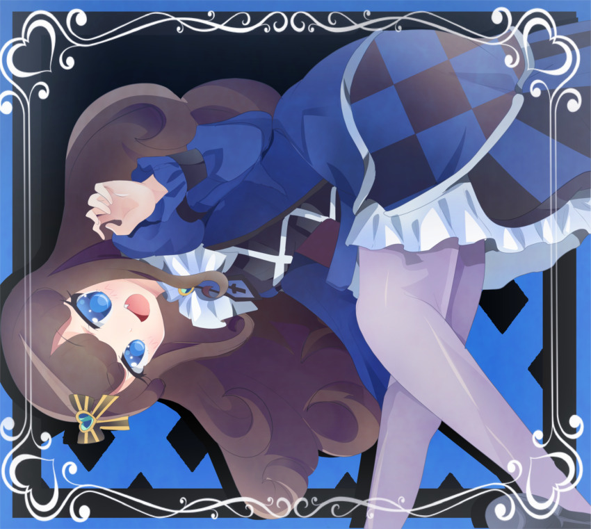 1girl, :d, black_ribbon, blue_background, blue_dress, blue_eyes, border, brown_hair