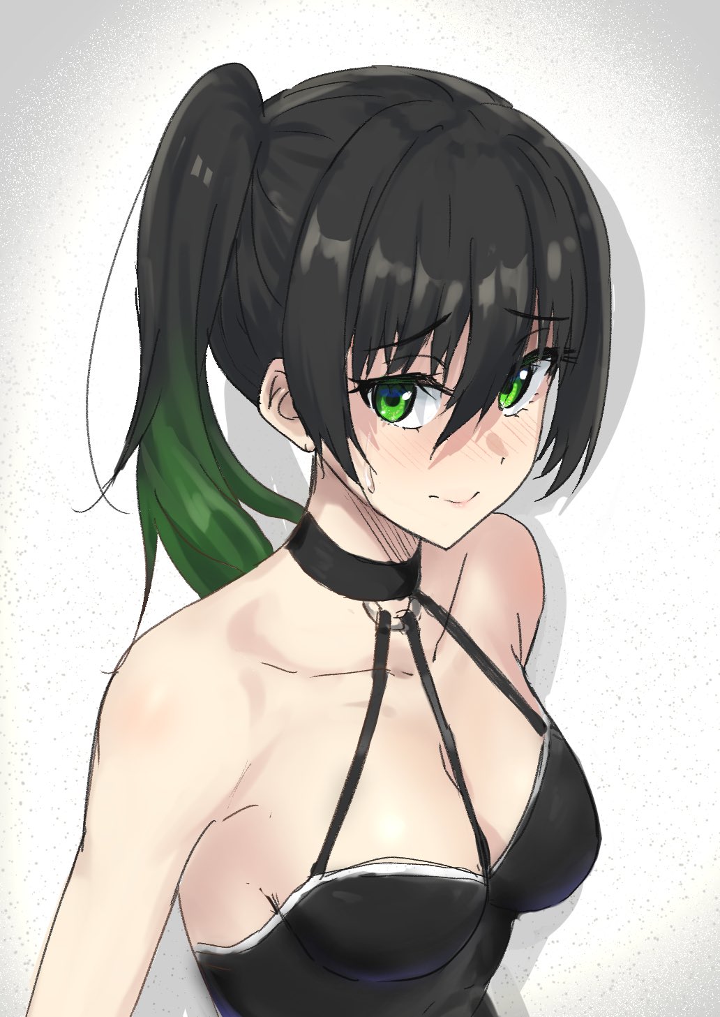 1girl, alternate_hairstyle, asueli_ex, bare_shoulders, black_dress, black_hair, breasts, cleavage, closed_mouth, collarbone, commentary_request, cosplay, dress, furrowed_brow, gradient_hair, green_eyes, green_hair, hair_between_eyes, highres, looking_at_viewer, love_live!, love_live!_nijigasaki_high_school_idol_club, medium_breasts, medium_hair, multicolored_hair, side_ponytail, sidelocks, sketch, solo, sousou_no_frieren, sweatdrop, takasaki_yu, ubel_(sousou_no_frieren), ubel_(sousou_no_frieren)_(cosplay), upper_body, white_background