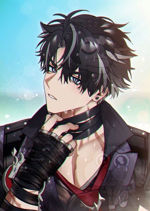 1boy, bandaged_arm, bandaged_neck, bandages, black_gloves, black_hair, black_shirt, blue_eyes