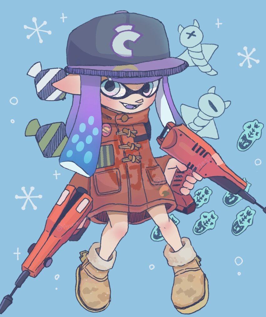 1girl, anna_gomesi, baseball_cap, black_hat, blue_background, blue_eyes, blue_hair, boots, brown_boots, buttons, commentary_request, dual_wielding, dualie_squelchers_(splatoon), full_body, gradient_hair, gun, hat, highres, holding, holding_gun, holding_weapon, inkling, inkling_girl, inkling_player_character, jacket, long_hair, looking_at_viewer, multicolored_hair, nintendo, open_mouth, pointy_ears, print_headwear, purple_hair, red_jacket, smile, snowflake_background, solo, splatoon_(series), standing, teeth, tentacle_hair, two-tone_hair, weapon