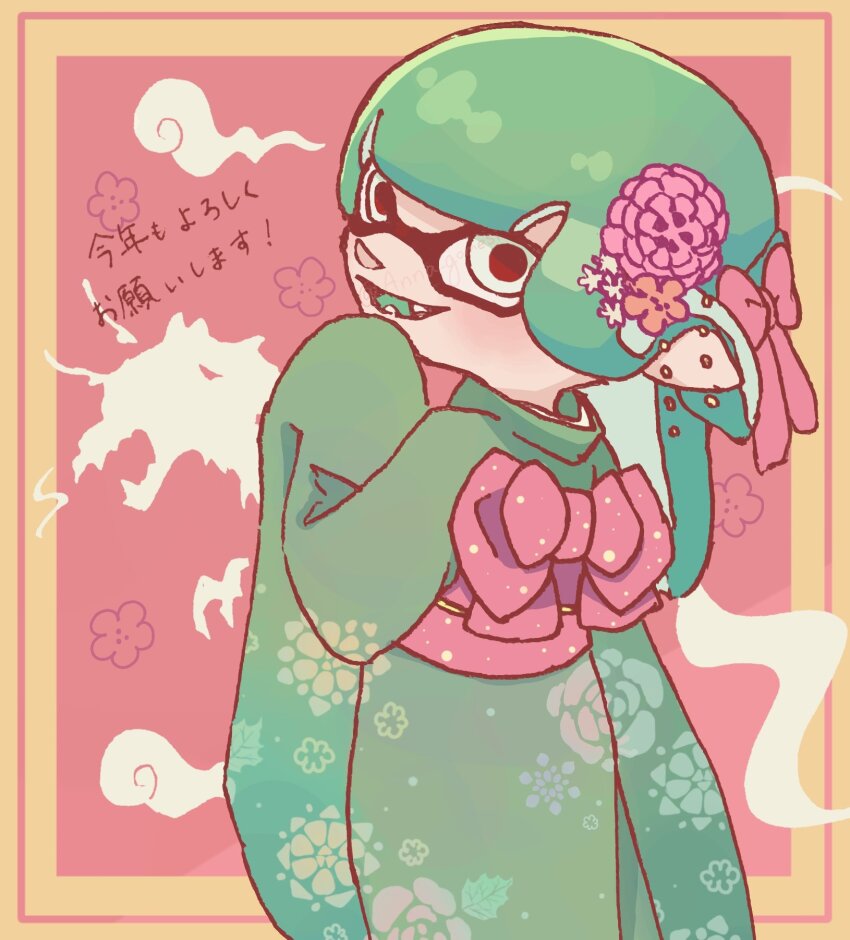 1girl, anna_gomesi, bow, commentary_request, flower, green_hair, hair_bow, hair_flower