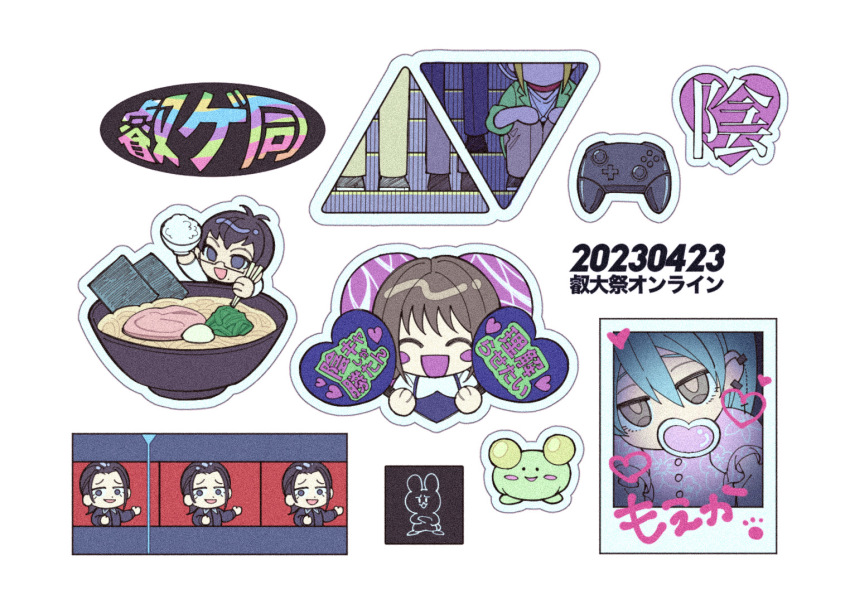 1girl, 2others, 4boys, ^_^, animal_collar, antenna_hair, ash_(inkya_lovecome), black_eyes, black_hair, black_shirt, blonde_hair, blue_eyes, blue_hair, blush_stickers, bowl, brown_eyes, brown_hair, chibi, chopsticks, closed_eyes, collage, collar, controller, covered_mouth, creature, crossdressing, ear_chain, escalator, food, furrowed_brow, game_controller, glasses, hair_slicked_back, hand_fan, hand_fan_writing, heart, heart-shaped_fan, holding, holding_bowl, holding_chopsticks, holding_fan, inkya_lovecome, kagami_tooru, leash, linked_piercing, long_hair, long_sleeves, multiple_boys, multiple_others, multiple_views, natsushiro_(ntsr616), nishimura_haruhi, noodles, oohashi_taiga, open_mouth, pet_play, photo_(object), pink_background, pink_shirt, rabbit, ramen, rice, shirt, simple_background, smile, squatting, sticker, translation_request, tsugai_kouto