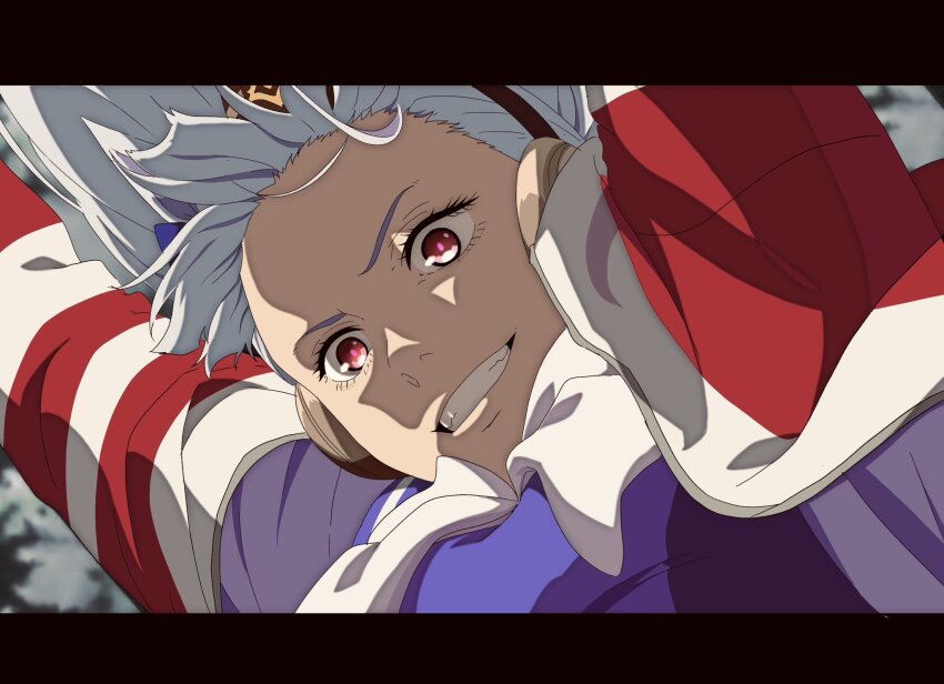 1girl, animal_ears, black_border, border, bow, bowtie, chainsaw_man, close-up, derivative_work, gold_ship_(umamusume), grey_hair, highres, horse_ears, horse_girl, jacket, letterboxed, nk-43g, pillbox_hat, power_(chainsaw_man), purple_serafuku, red_eyes, red_jacket, school_uniform, screenshot_redraw, serafuku, solo, tracen_school_uniform, tracen_training_uniform, track_jacket, umamusume, white_bow, white_bowtie