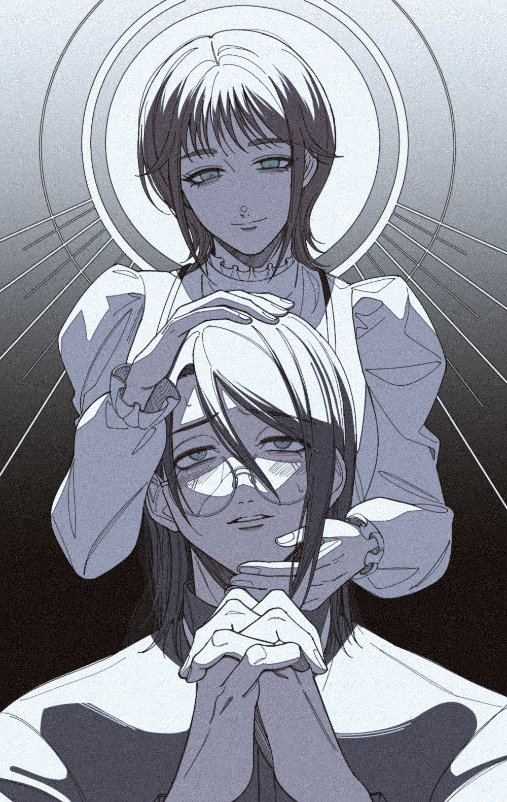 1boy, 1girl, bags_under_eyes, behind_another, blue_eyes, blush, closed_mouth, crack