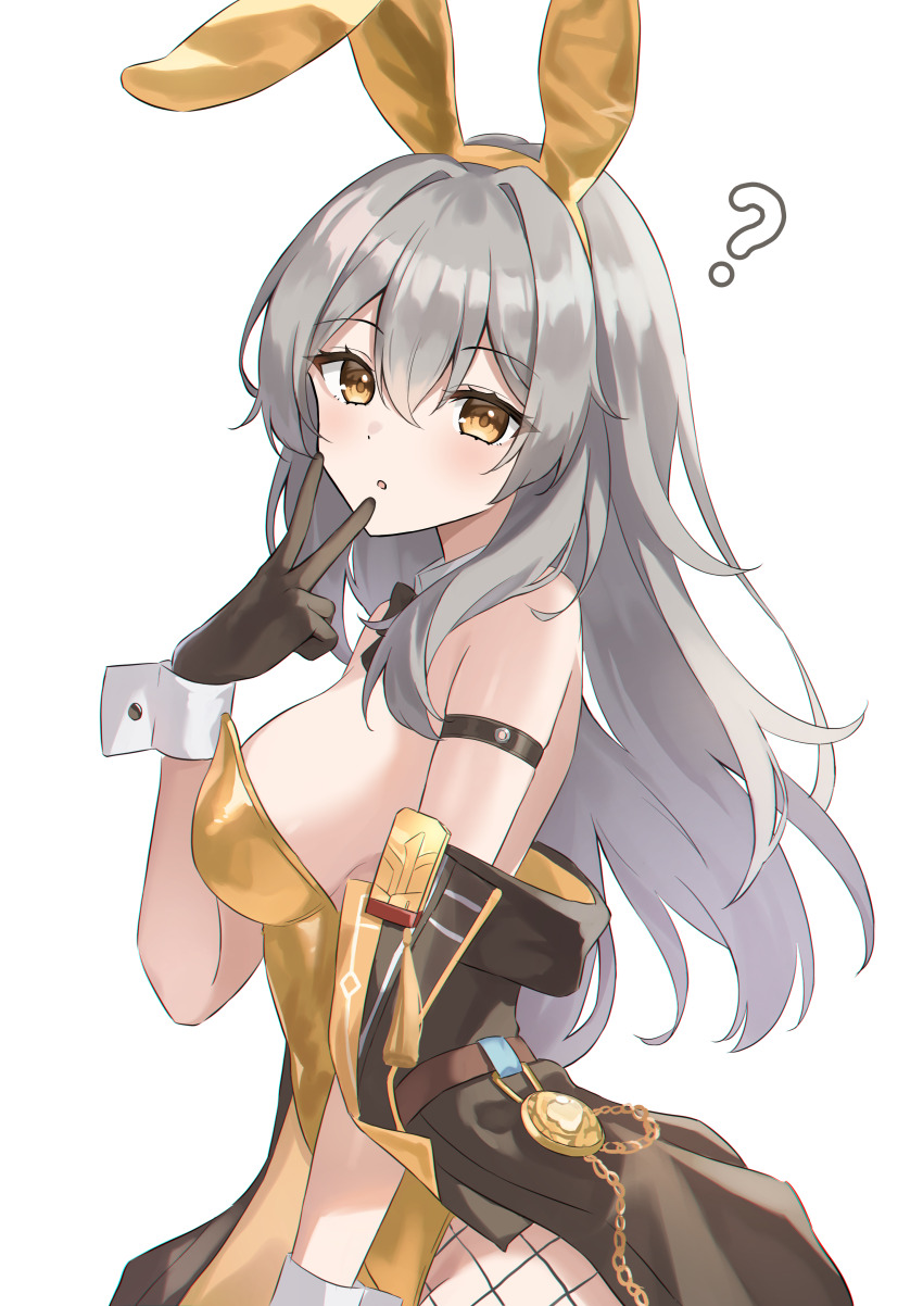1girl, ?, absurdres, alternate_costume, animal_ears, bare_shoulders, black_gloves, black_jacket, blush, breasts, commentary_request, fake_animal_ears, fishnet_pantyhose, fishnets, gloves, grey_hair, hair_between_eyes, hand_up, highres, honkai:_star_rail, honkai_(series), jacket, k2_(kazu1030), large_breasts, leotard, long_hair, looking_at_viewer, off_shoulder, open_mouth, pantyhose, playboy_bunny, rabbit_ears, sideboob, solo, stelle_(honkai:_star_rail), strapless, strapless_leotard, trailblazer_(honkai:_star_rail), upper_body, v, white_wrist_cuffs, wrist_cuffs, yellow_eyes, yellow_leotard