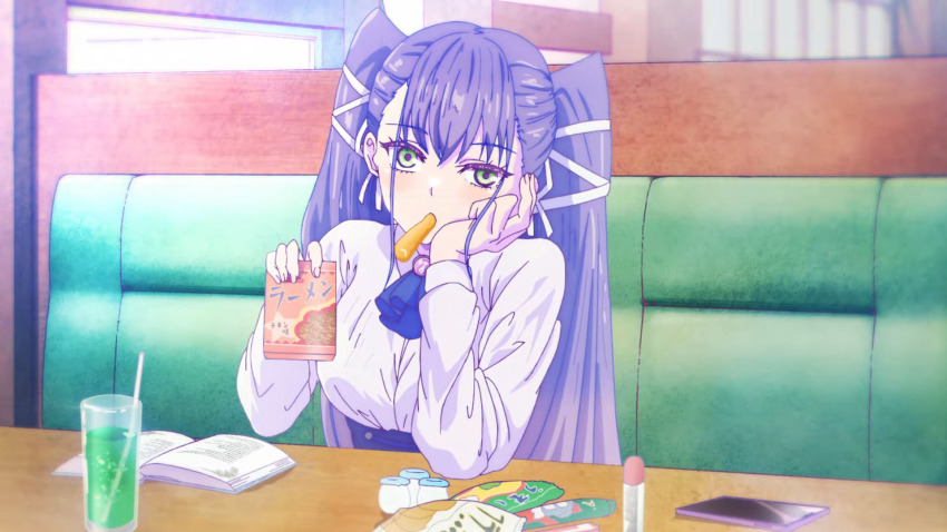 1girl, anime_screenshot, artist_request, azuma_yachiho, cafe, couch, green_hair, highres