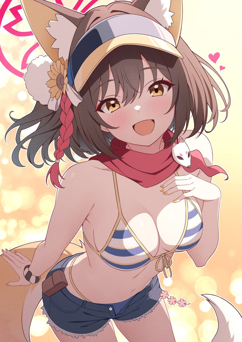 1girl, animal_ears, bare_arms, bare_shoulders, bikini, black_shorts, blue_archive, blush, breasts, brown_hair, cleavage, cutoffs, denim, denim_shorts, eyeshadow, fang, fox_ears, fox_girl, fox_tail, front-tie_bikini_top, front-tie_top, halo, hand_on_own_chest, izuna_(blue_archive), izuna_(swimsuit)_(blue_archive), leaning_forward, looking_at_viewer, makeup, medium_breasts, medium_hair, navel, official_alternate_costume, open_fly, open_mouth, orange_eyes, rin_ateria, scarf, short_shorts, shorts, smile, solo, stomach, string_bikini, striped_bikini, striped_clothes, swimsuit, tail, visor_cap