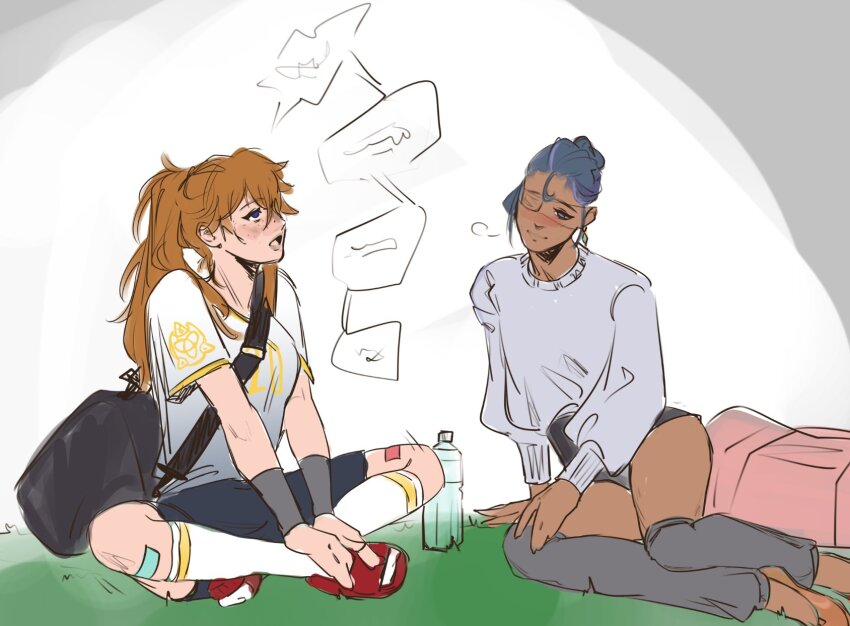 2girls, alternate_costume, alternate_universe, bag, black_bag, blue_eyes, blue_hair, blush, brown_hair, calllophis, crossed_ankles, dark-skinned_female, dark_skin, earrings, eyepatch, freckles, genderswap, genderswap_(mtf), genshin_impact, hand_on_ground, hand_on_own_ankle, high-waist_shorts, highres, jersey, jewelry, kaeya_(genshin_impact), kneehighs, loose_hair_strand, messy_hair, multiple_girls, open_mouth, ponytail, red_footwear, sandals, shorts, simple_background, sitting, soccer_uniform, socks, sportswear, sweater, talking, tartaglia_(genshin_impact), white_socks