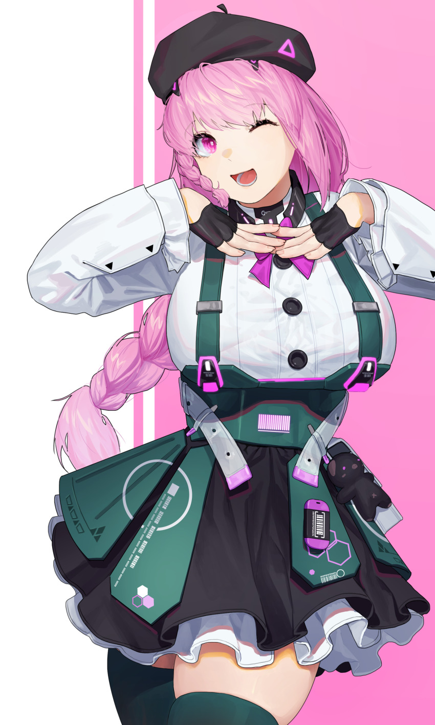 1girl, absurdres, ayla:_brilliance_(pgr), ayla_(pgr), barcode, beret, black_gloves, black_skirt, black_thighhighs, bow, bowtie, braid, braided_ponytail, breasts, fingerless_gloves, gloves, half_gloves, hat, highres, huge_breasts, large_breasts, layered_skirt, long_hair, long_sleeves, one_eye_closed, open_mouth, pink_bow, pink_bowtie, pink_eyes, pink_hair, punishing:_gray_raven, shirt, shrimpun, side_braid, skirt, solo, stuffed_toy, thighhighs, white_shirt, white_skirt