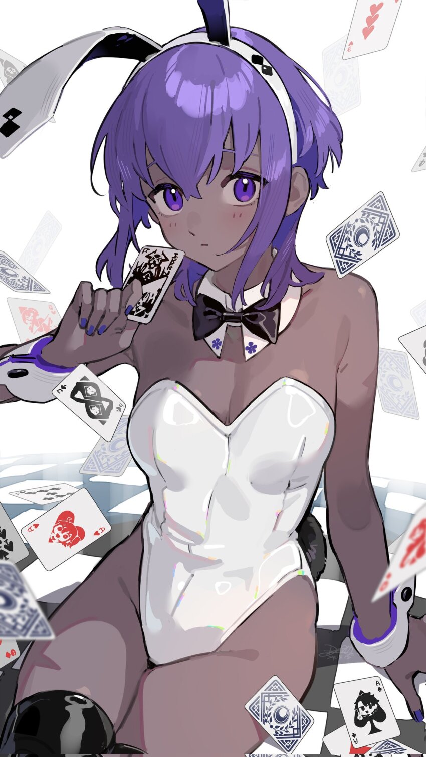 1girl, ace_(playing_card), ace_of_hearts, ace_of_spades, animal_ears, assassin_(fate/zero), bare_shoulders, blush, bow, bowtie, breasts, card, cleavage, closed_mouth, colored_skin, covered_navel, dark-skinned_female, dark_skin, detached_collar, fake_animal_ears, fake_tail, fate/grand_order, fate/prototype, fate/prototype:_fragments_of_blue_and_silver, fate_(series), female_assassin_(fate/zero), fujimaru_ritsuka_(female), fujimaru_ritsuka_(male), grey_skin, hair_between_eyes, hairband, hassan_of_serenity_(fate), hassan_of_the_cursed_arm_(fate), heart, highleg, highleg_leotard, highres, holding, holding_card, jack_(playing_card), king_hassan_(fate), leotard, looking_at_viewer, mask, medium_breasts, nao_(syn_eaa), playboy_bunny, playing_card, purple_eyes, purple_hair, queen_(playing_card), rabbit_ears, rabbit_tail, riyo_(lyomsnpmp)_(style), short_hair, skull_mask, solo, spade_(shape), strapless, strapless_leotard, tail, traditional_bowtie, very_dark_skin, white_leotard, wrist_cuffs