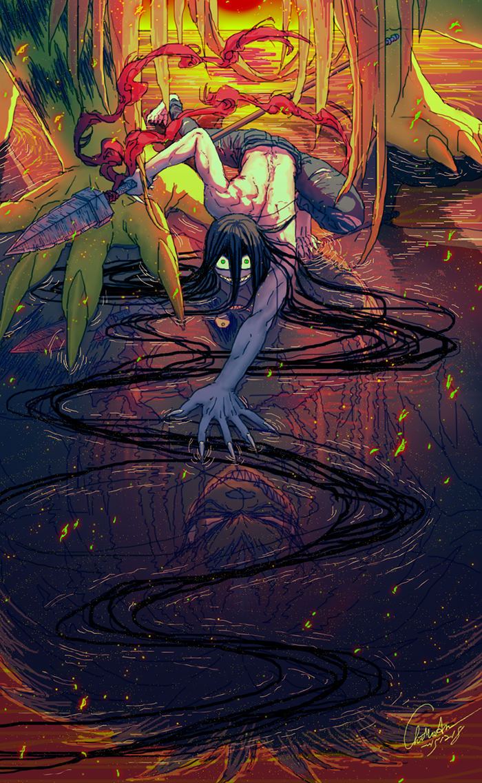 absurdly_long_hair, aotsuki_ushio, arm_support, barefoot, beast_spear, blonde_hair, colored_extremities, colored_skin