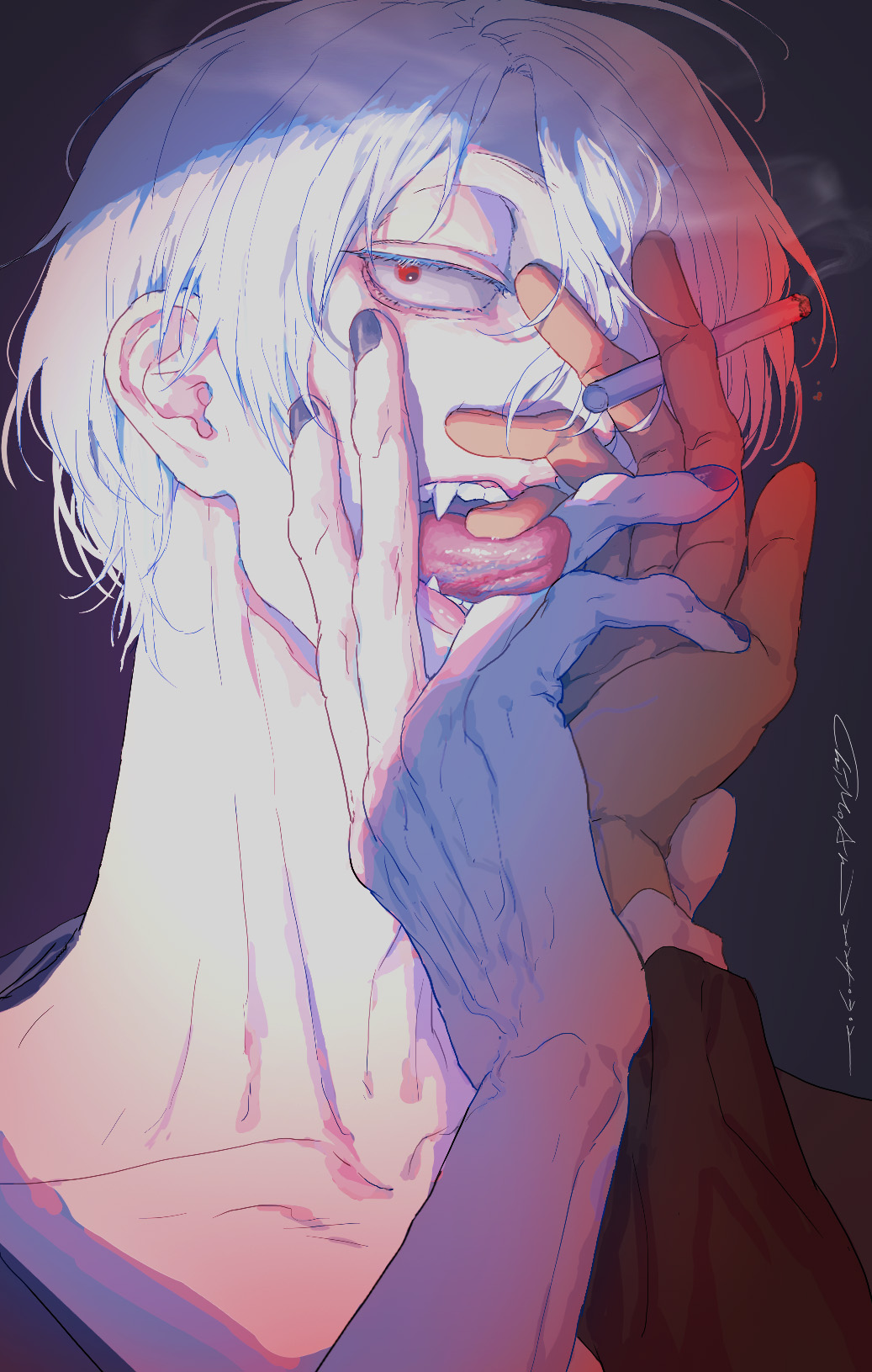 1boy, between_fingers, cigarette, eyelashes, fangs, gegege_no_kitarou, grey_background, grey_nails