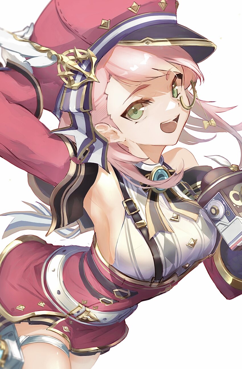 1girl, :d, absurdres, arm_up, armpits, bare_shoulders, belt, breasts