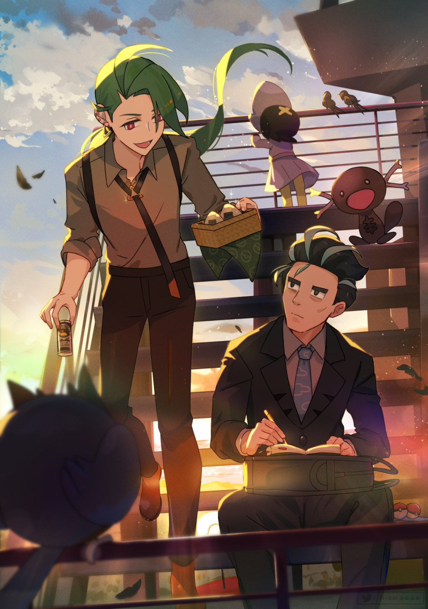 1boy, 2girls, :d, bird, black_eyes, black_hair, black_jacket, black_necktie