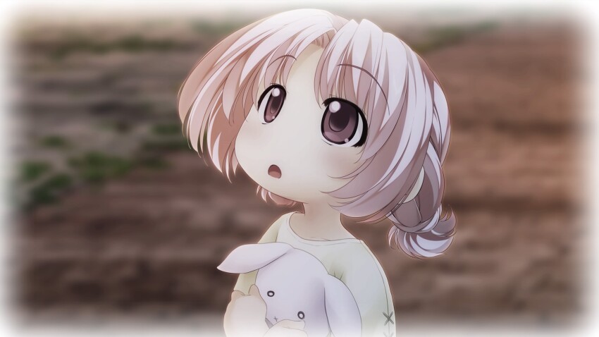 1girl, atelier-moo, braid, child, collarbone, flat_chest, highres, holding, holding_stuffed_toy, hugging_object, looking_up, medium_hair, nina_lazydaisy, open_mouth, pink_eyes, pink_hair, sepia, shirt, solo, solo_focus, standing, stuffed_animal, stuffed_rabbit, stuffed_toy, upper_body, wizards_symphony