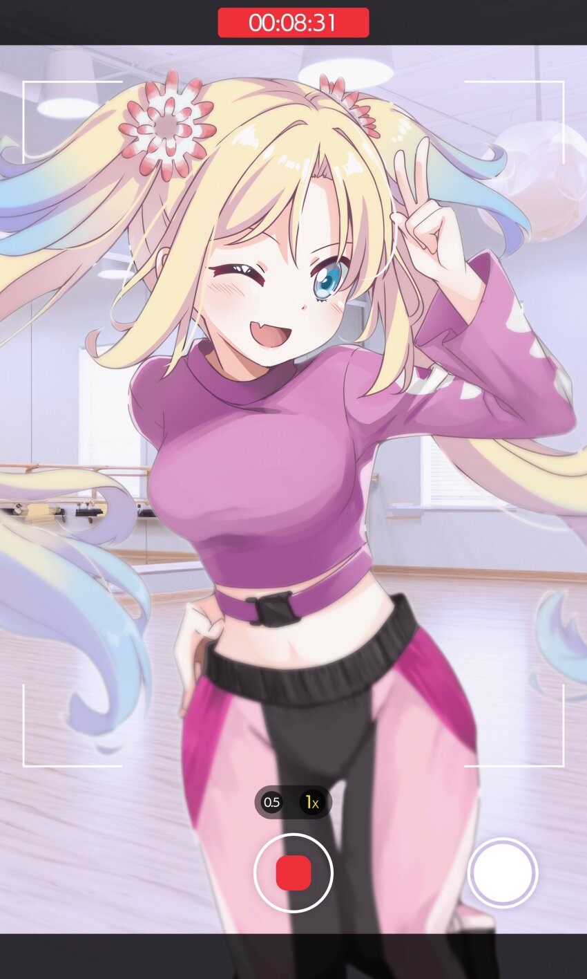 1girl, ;d, absurdres, blonde_hair, blue_eyes, blue_hair, blurry, breasts, buckle, commentary, cropped_shirt, dancing, depth_of_field, fake_phone_screenshot, fake_screenshot, fang, feet_out_of_frame, flower, gradient_hair, hair_flower, hair_ornament, hand_on_own_hip, highres, light_blue_hair, link!_like!_love_live!, long_hair, long_sleeves, looking_at_viewer, love_live!, matsurugi_tsukasa, medium_breasts, midriff, multicolored_hair, one_eye_closed, open_mouth, osawa_rurino, osawa_rurino_(winter_training_wear), parted_bangs, pink_flower, pink_shirt, practicing, recording, shirt, sidelocks, skin_fang, smile, snap-fit_buckle, solo, twintails, v, very_long_hair, viewfinder, virtual_youtuber, white_flower, wide_sleeves