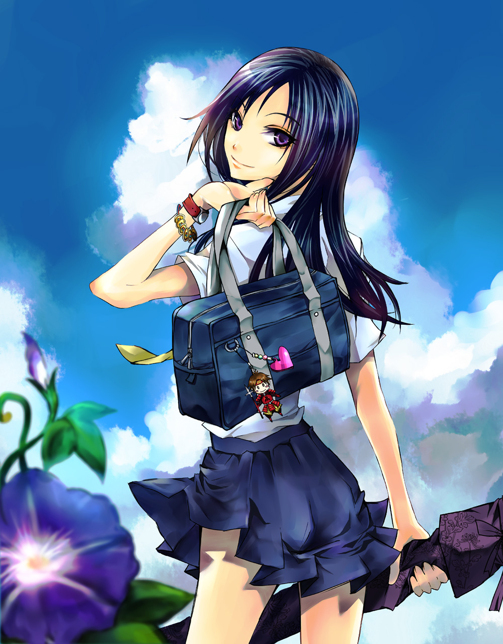 00s, 1girl, bad_id, bad_pixiv_id, bag, black_hair, cellphone_charm, character_charm, character_doll, charm_(object), cloud, day, doll, female_focus, flower, highres, long_hair, looking_back, morning_glory, purple_eyes, sanada_yukimura_(sengoku_musou), saryou, school_bag, school_uniform, sengoku_musou, shinohara_natsuki, sky, solo, summer_wars, watch, weapon_bag, wristwatch